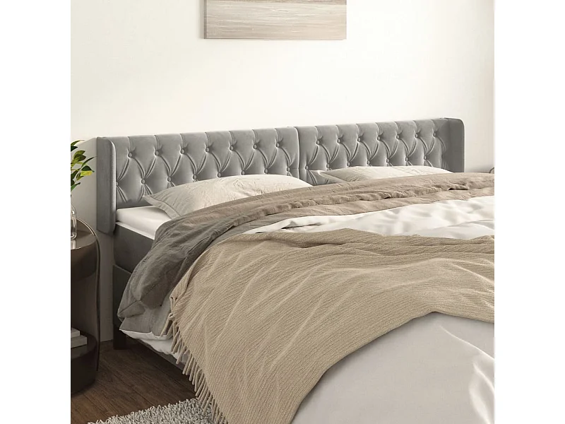 Tête de Lit | Panneau de tête pour lit Moderne avec oreilles Gris clair 183x16x78/88 cm Velours
