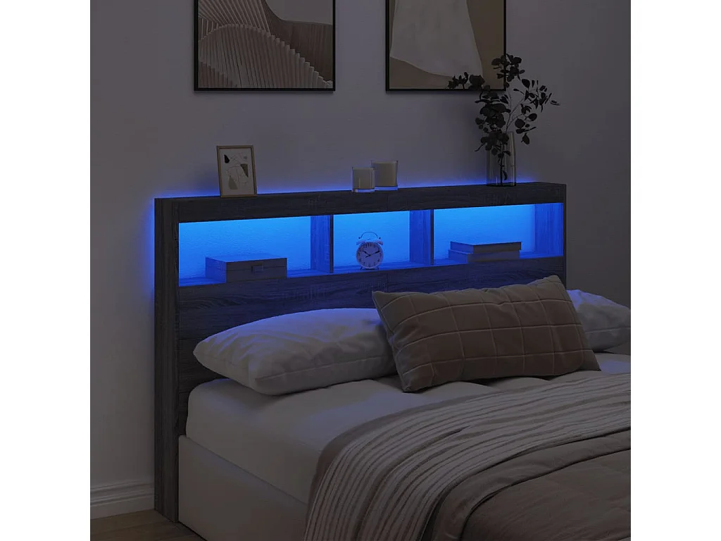 Tête de Lit avec rangement | Armoire de tête de lit avec LED sonoma gris 160x17x102 cm