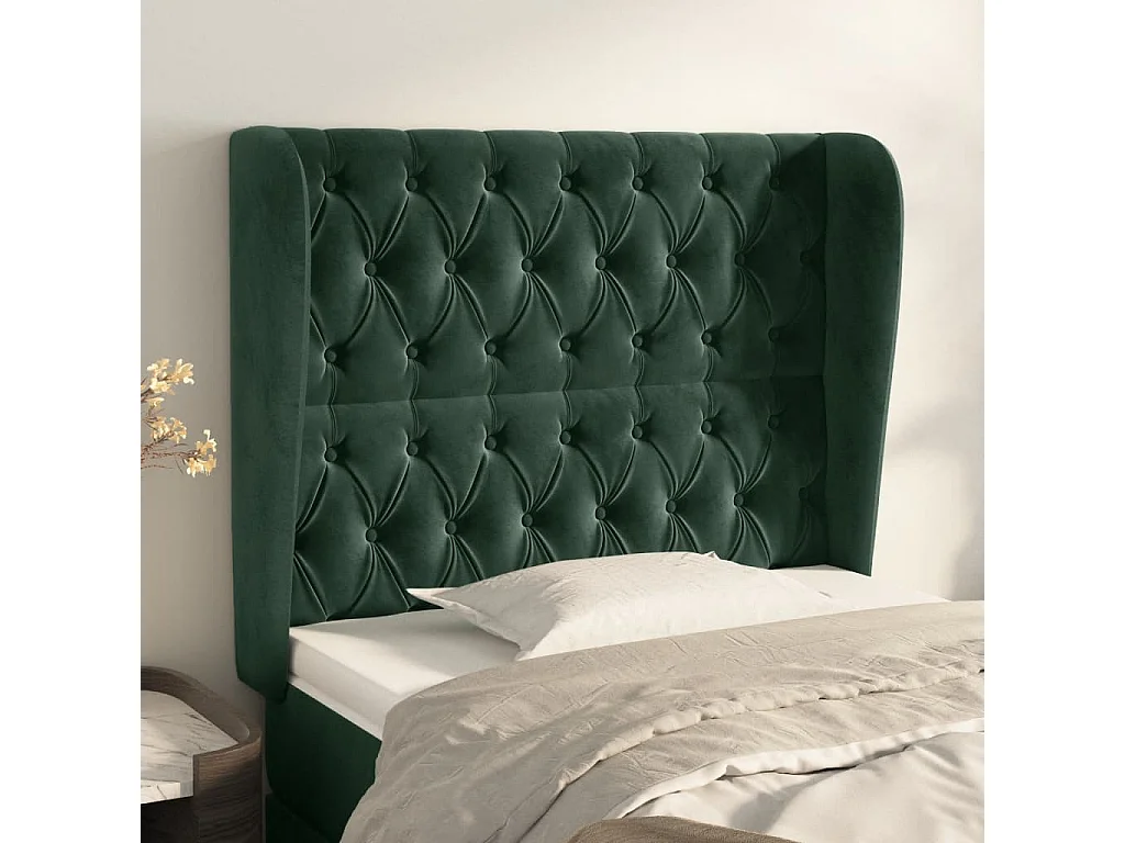 Tête de Lit | Panneau de tête pour lit Moderne avec oreilles Vert foncé 93x23x118/128 cm Velours