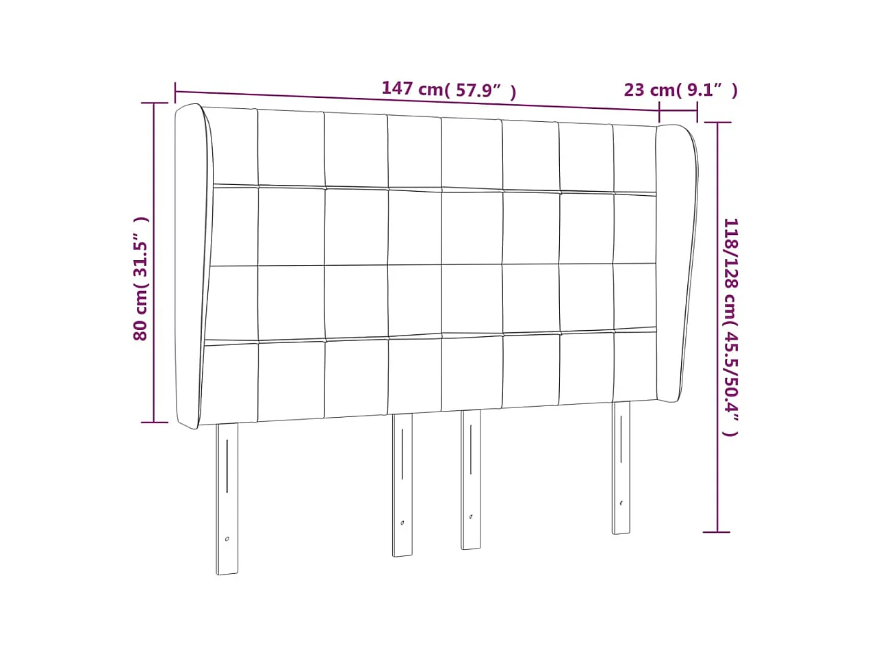 Cabecero | Cabezal de Cama | Mueble cabecero con orejas de terciopelo negro 147x23x118/128 cm