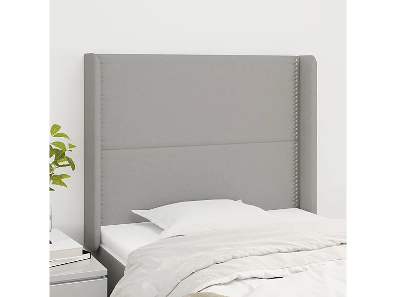Cabecero | Cabezal de Cama | Mueble cabecero con orejas de tela gris claro 93x16x118/128 cm