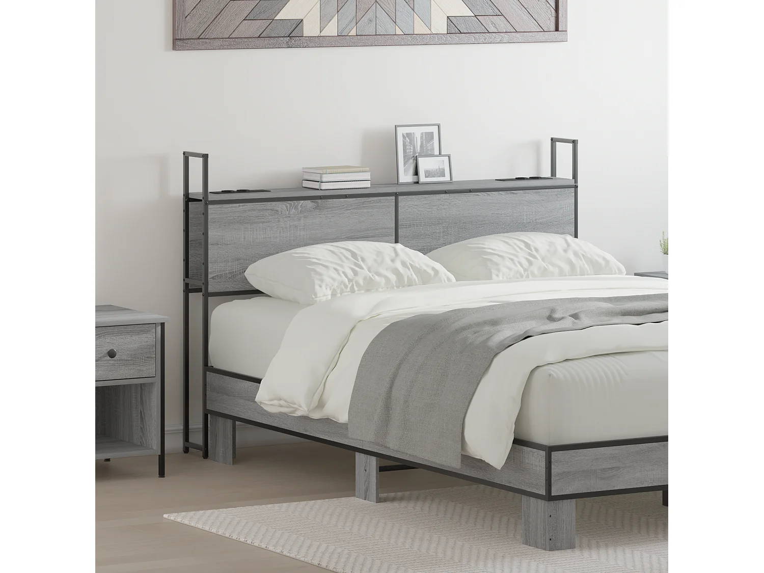 Mueble cabecero | Cabezal de cama | Cabecero de Almacenamiento con Estación de Carga Gris sonoma