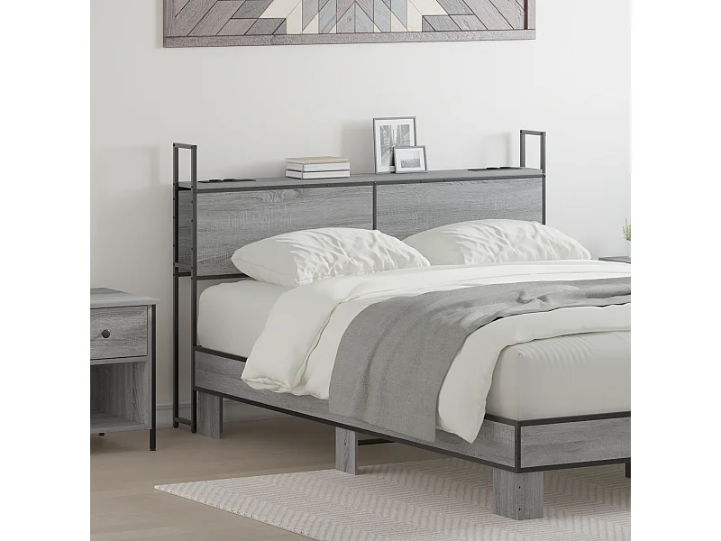 Mueble cabecero | Cabezal de cama | Cabecero de Almacenamiento con Estación de Carga Gris sonoma