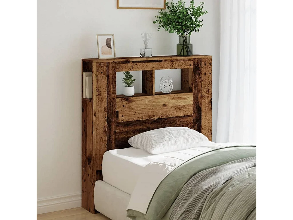 Cabecero | Cabezal de Cama | Mueble cabecero con LED madera ingeniería envejecida 100x18,5x103,5 cm