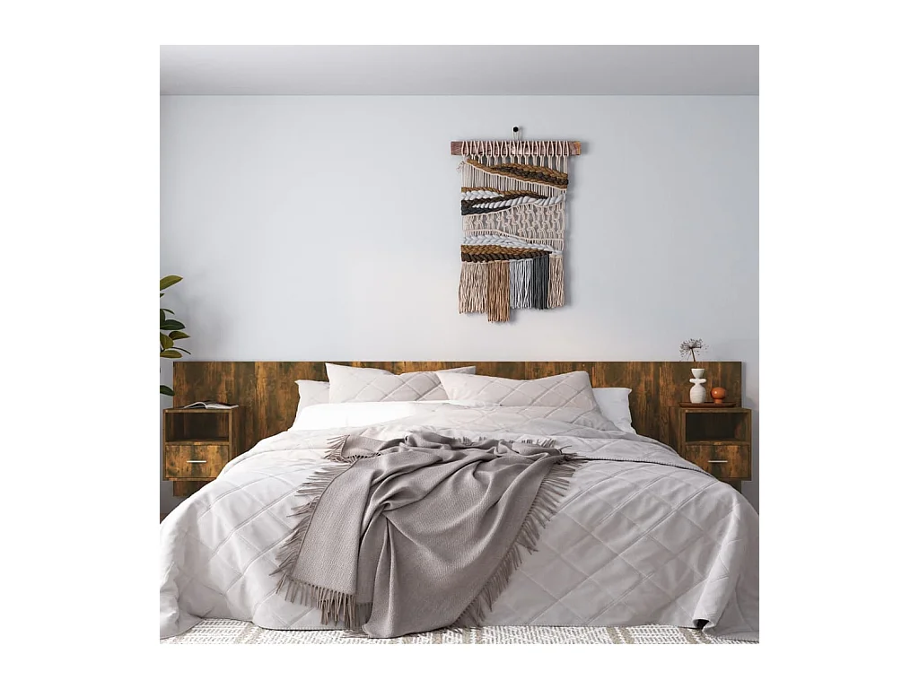 Cabecero de Cama | Cabezal de cama | Mueble de cabecero con mesitas madera contrachapada roble ahumado