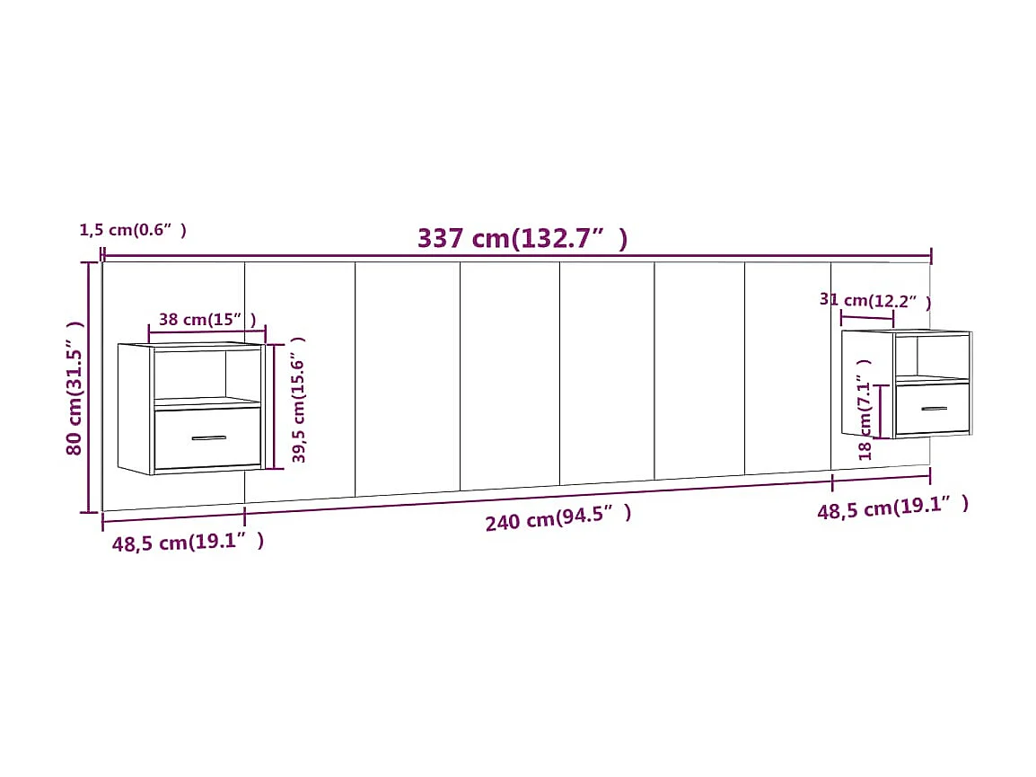 Cabecero de Cama | Cabezal de cama | Mueble de cabecero con mesitas madera contrachapada roble ahumado