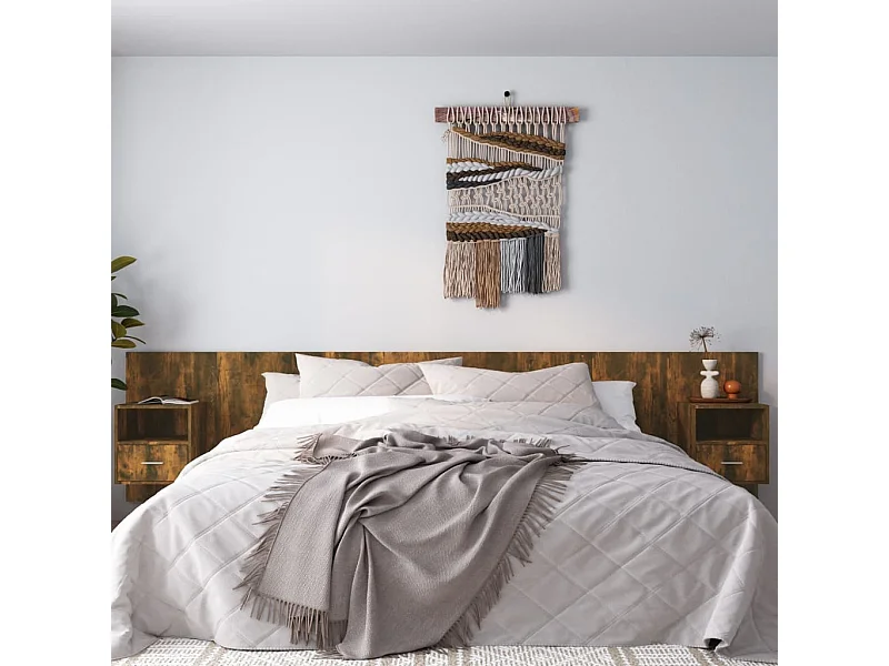 Cabecero de Cama | Cabezal de cama | Mueble de cabecero con mesitas madera contrachapada roble ahumado