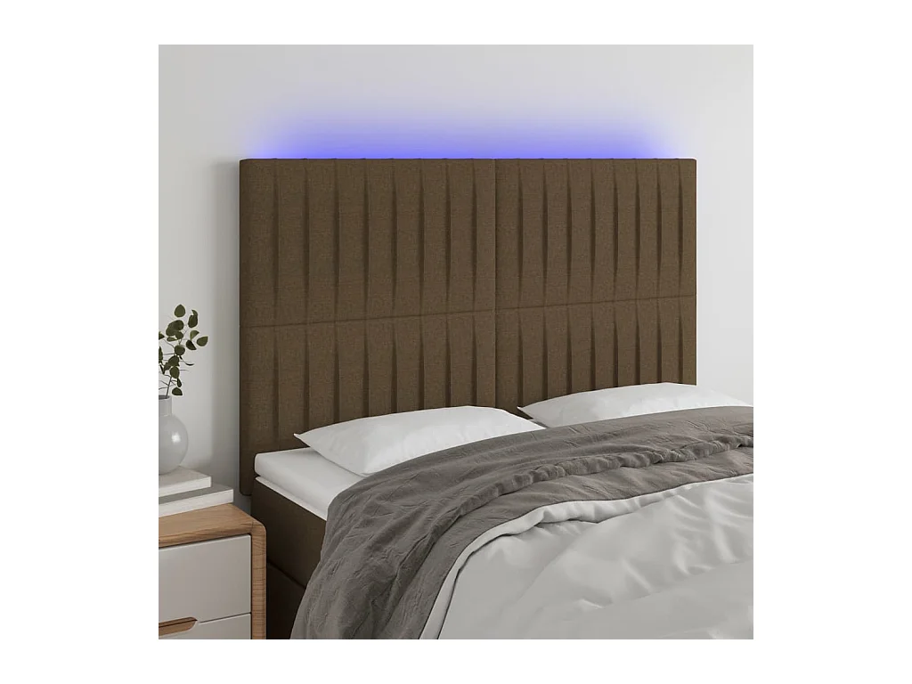 Tête de Lit | Panneau de tête pour lit Moderne à LED Marron foncé 144x5x118/128 cm Tissu