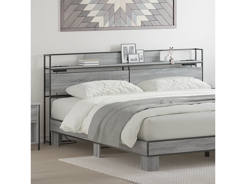Mueble cabecero con almacenamiento | Cabecera de almacenamiento con estante Gris sonoma 200 cm