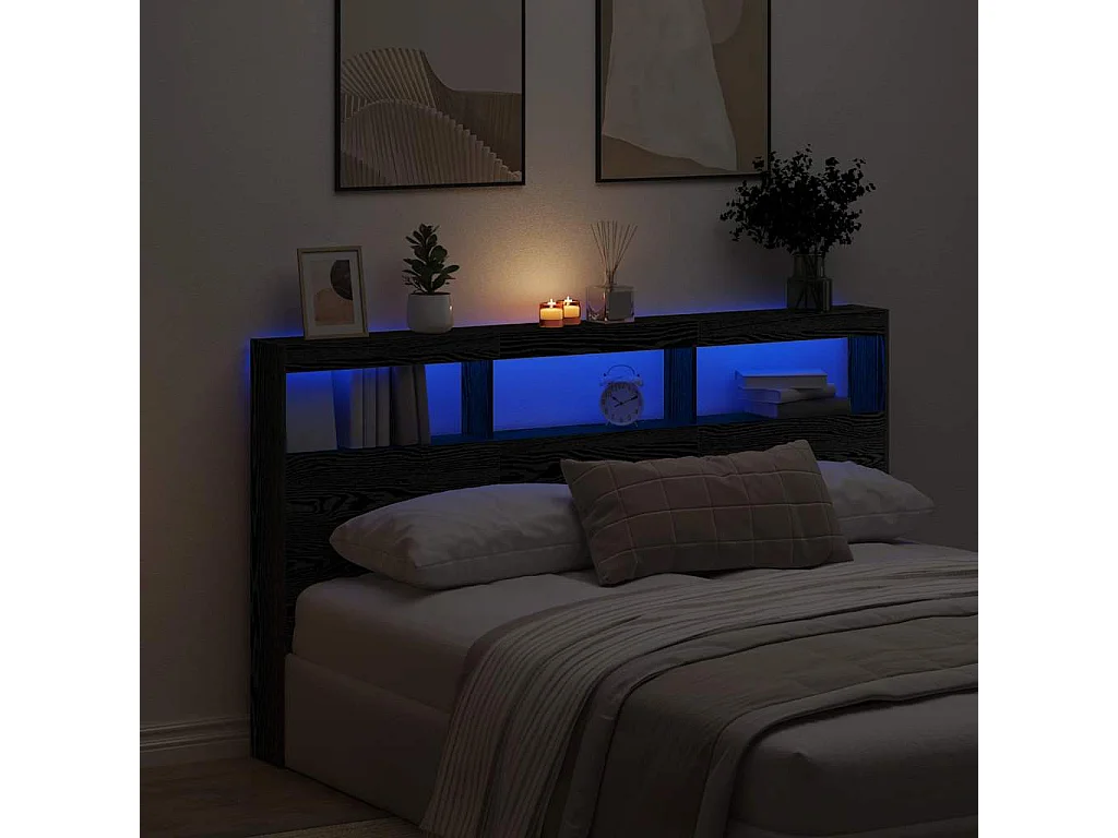 Cabecero de Cama | Cabezal de cama | Mueble de cabecero con LED roble negro 180x17x102 cm