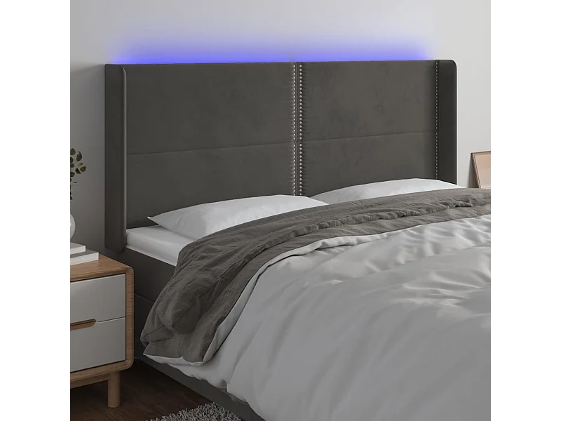 Tête de Lit | Panneau de tête pour lit Moderne à LED Gris foncé 163x16x118/128 cm Velours