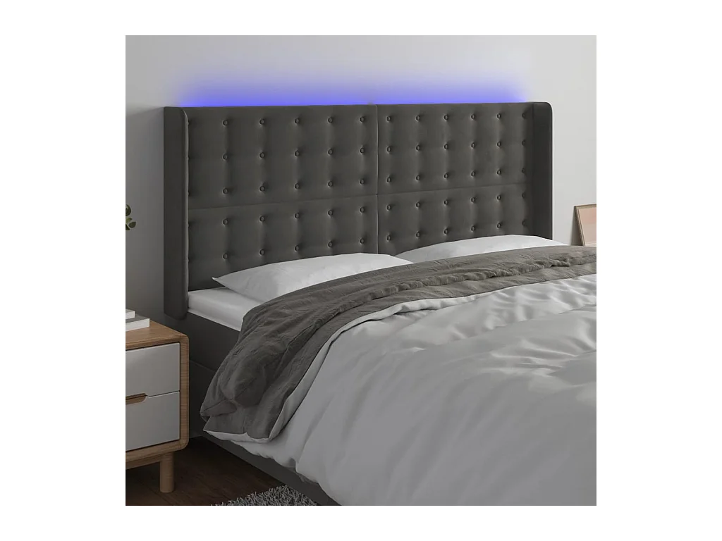 Tête de Lit | Panneau de tête pour lit Moderne à LED Gris foncé 163x16x118/128 cm Velours