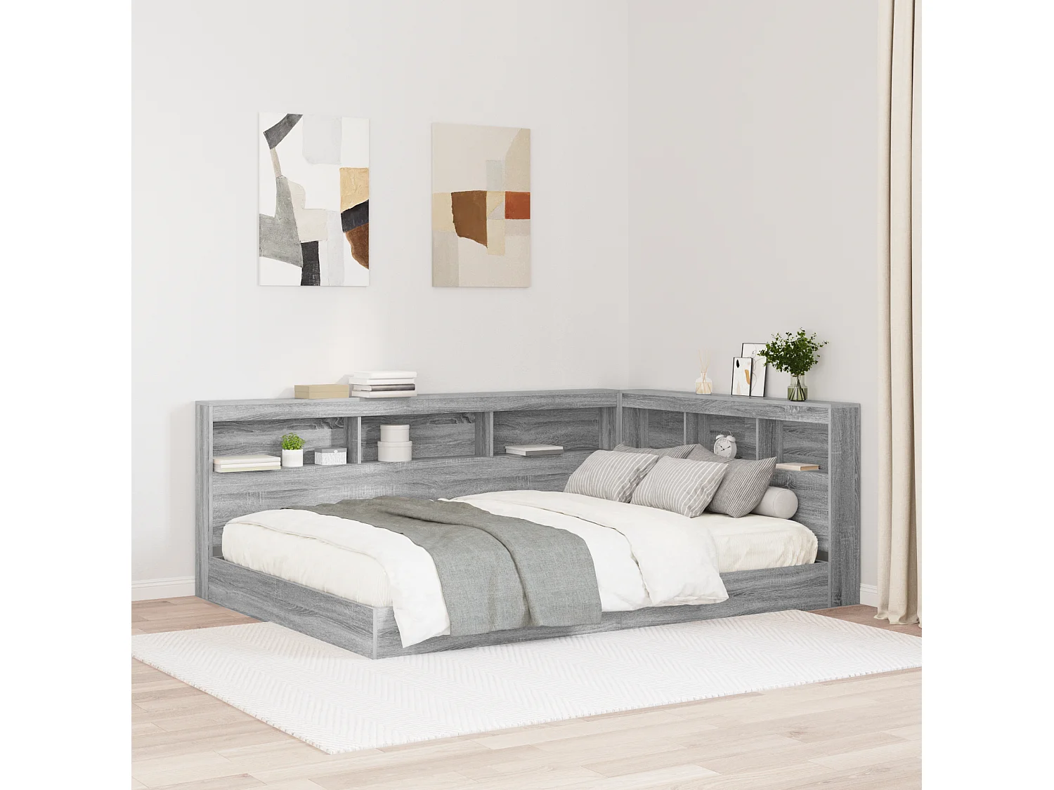 Mueble cabecero con almacenamiento | Cabecera de almacenamiento con estante Gris sonoma 140 cm