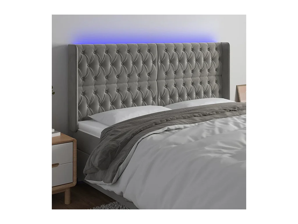 Tête de Lit | Panneau de tête pour lit Moderne à LED Gris clair 183x16x118/128 cm Velours