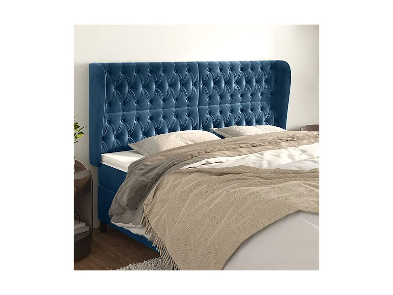 Cabecero | Cabezal de Cama | Mueble cabecero con orejas de terciopelo azul oscuro 203x23x118/128 cm