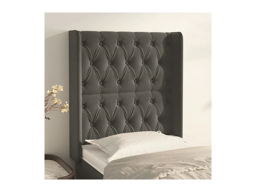 Cabecero | Cabezal de Cama | Mueble cabecero con orejas de terciopelo gris oscuro 83x16x118/128 cm