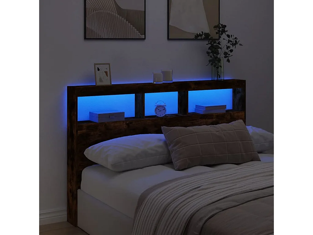 Tête de Lit avec rangement | Armoire de tête de lit avec LED chêne fumé 160x17x102 cm