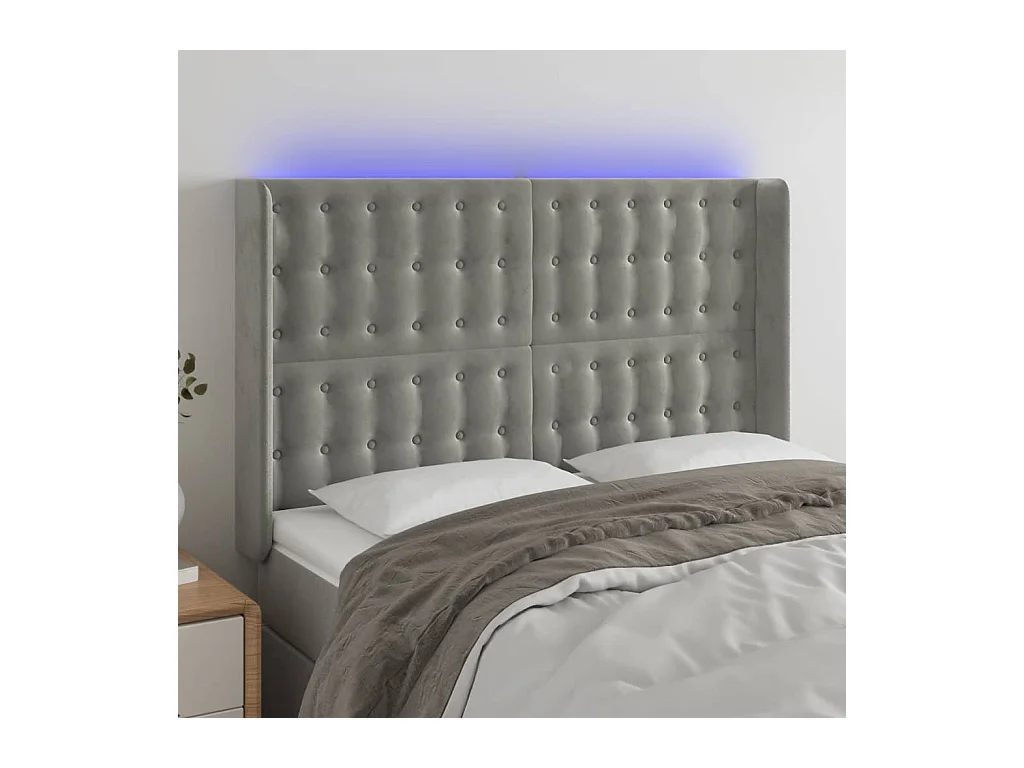 Cabecero | Cabezal de Cama | Mueble cabecero con LED de terciopelo gris claro 147x16x118/128 cm