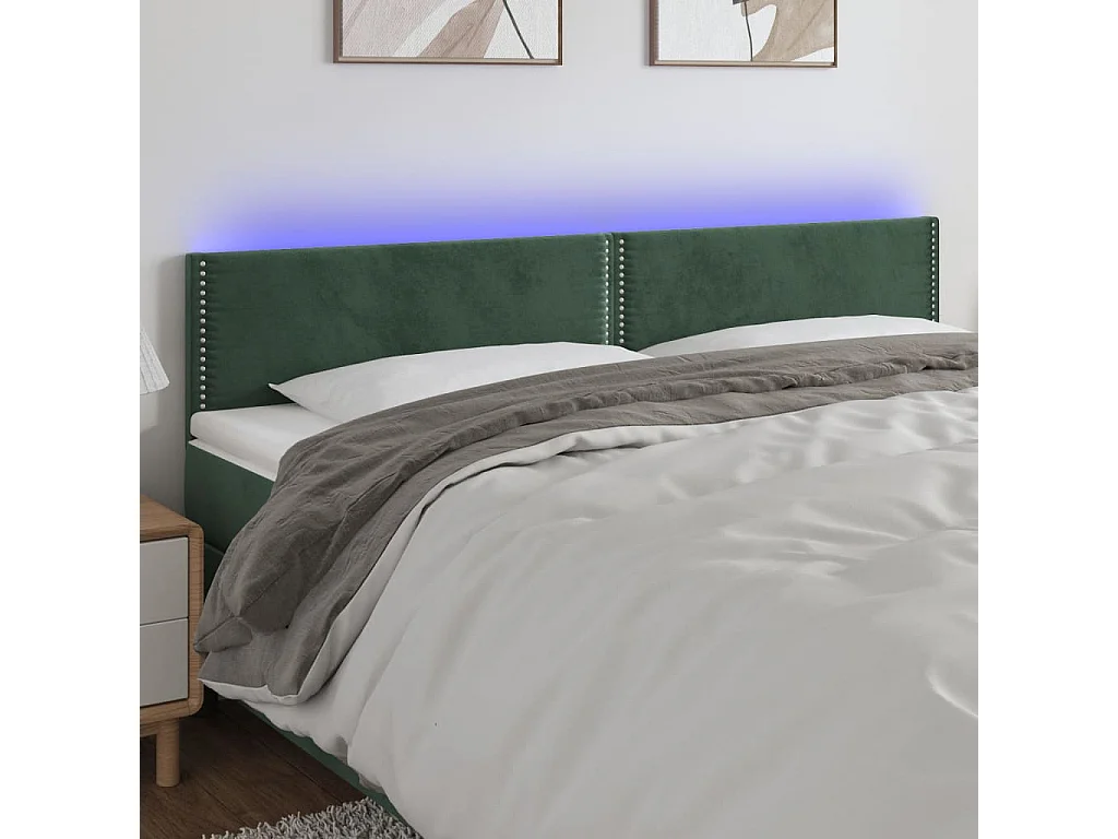 Tête de Lit | Panneau de tête pour lit Moderne à LED Vert foncé 200x5x78/88 cm Velours