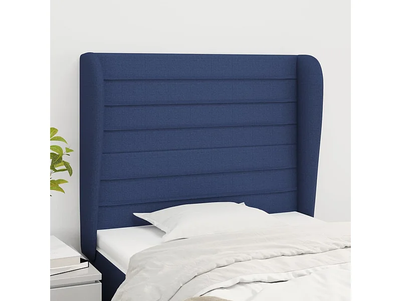 Cabecero | Cabezal de Cama | Mueble cabecero con orejas de tela azul 103x23x118/128 cm