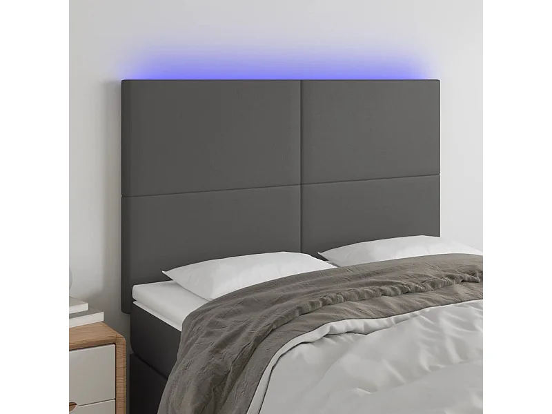 Cabecero | Cabezal de Cama | Mueble cabecero con luces LED cuero sintético gris 144x5x118/128 cm