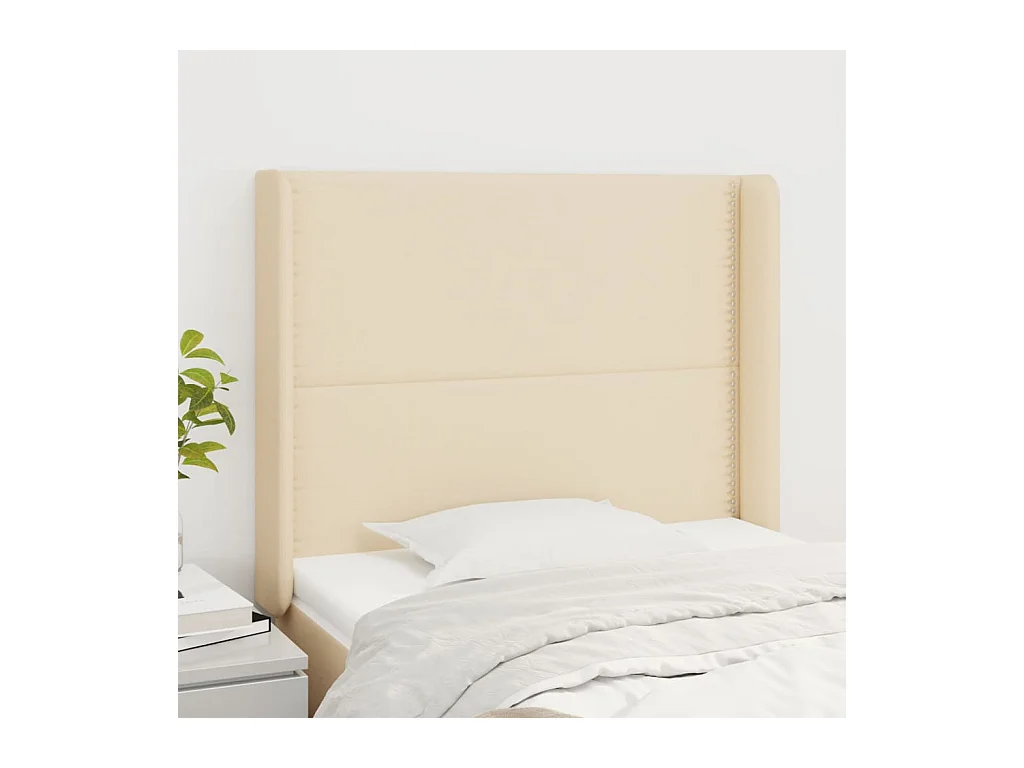 Cabecero | Cabezal de Cama | Mueble cabecero con orejas de tela color crema 103x16x118/128 cm