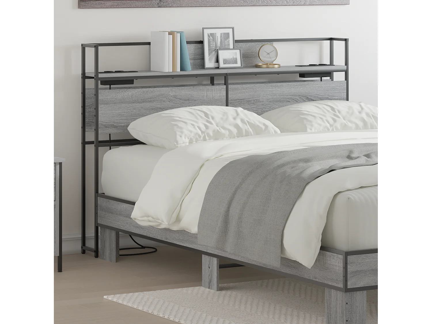 Mueble cabecero con almacenamiento | Cabecera de almacenamiento con estante Gris sonoma 150 cm
