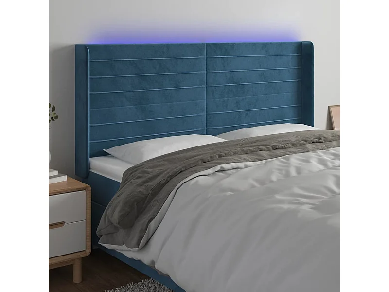 Cabecero | Cabezal de Cama | Mueble cabecero con LED de terciopelo azul oscuro 203x16x118/128 cm