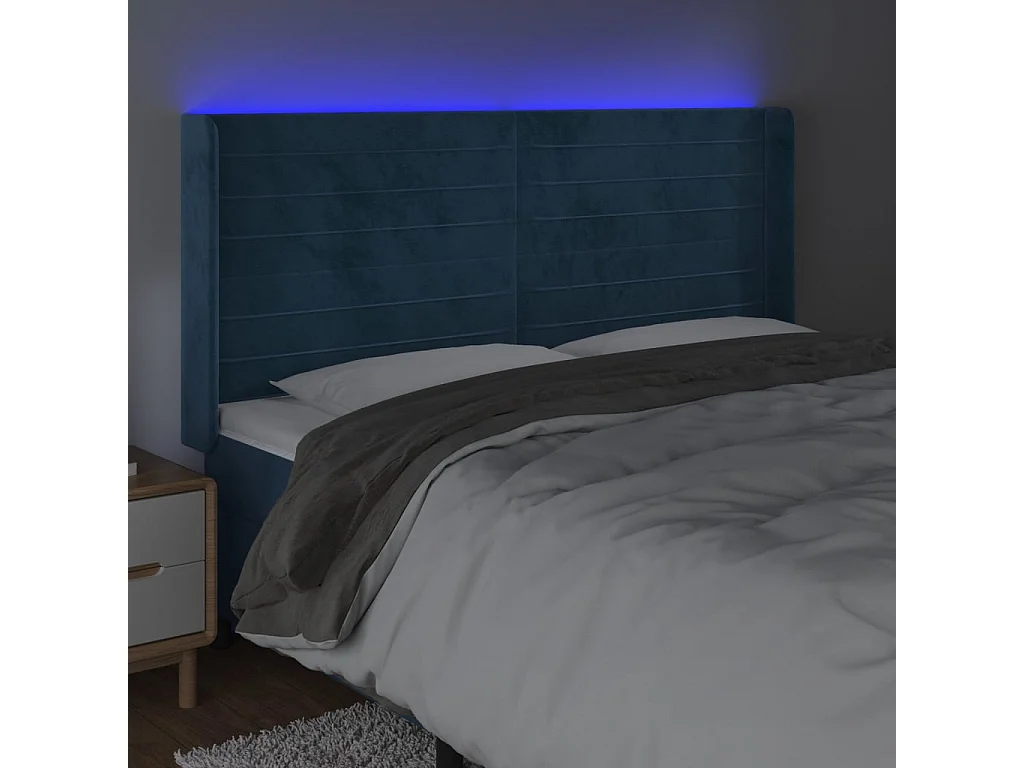 Tête de Lit | Panneau de tête pour lit Moderne à LED Bleu foncé 203x16x118/128 cm Velours