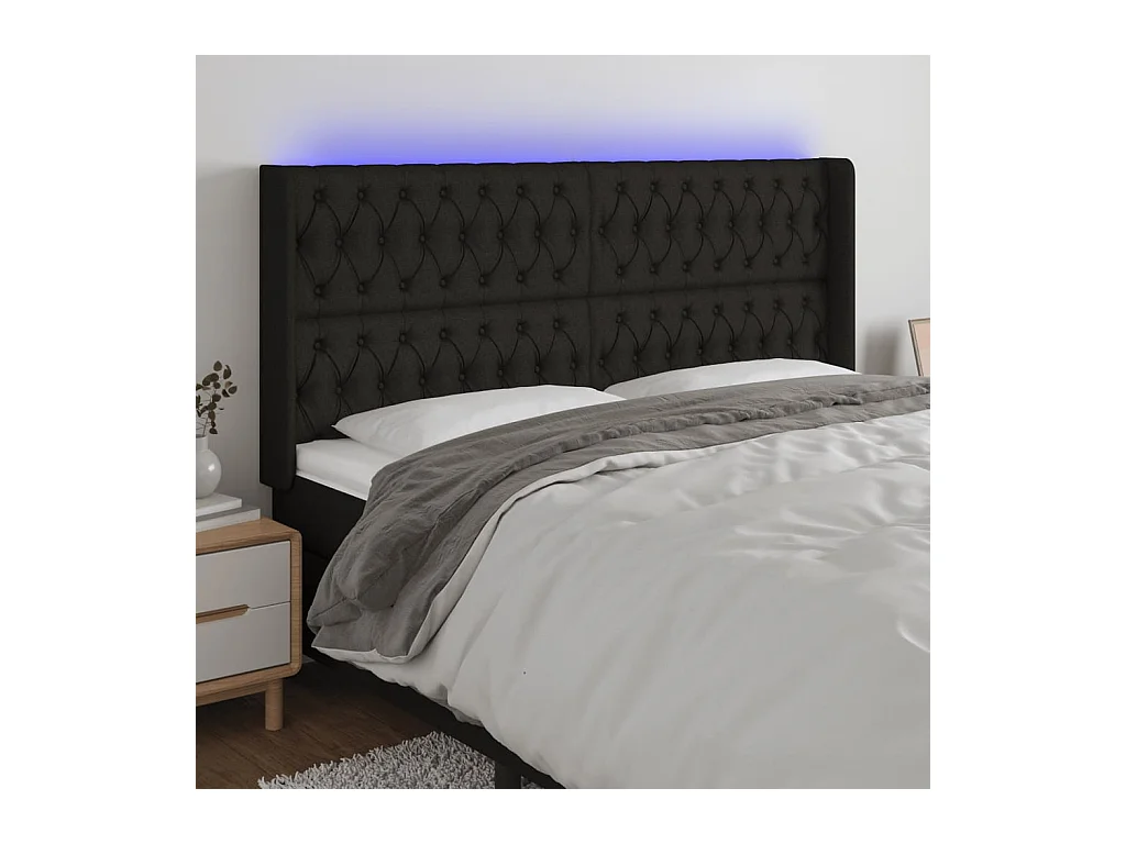 Mueble cabecero | Cabezal de cama | Cabecero con LED de tela negro 203x16x118/128 cm