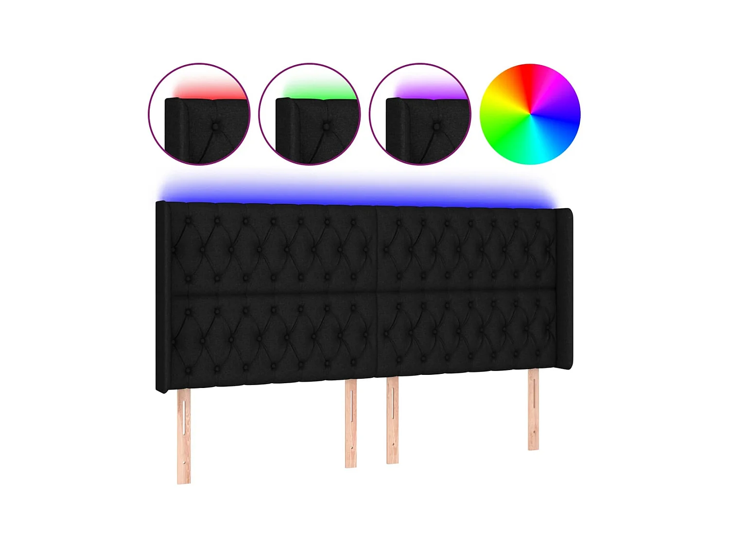 Mueble cabecero | Cabezal de cama | Cabecero con LED de tela negro 203x16x118/128 cm