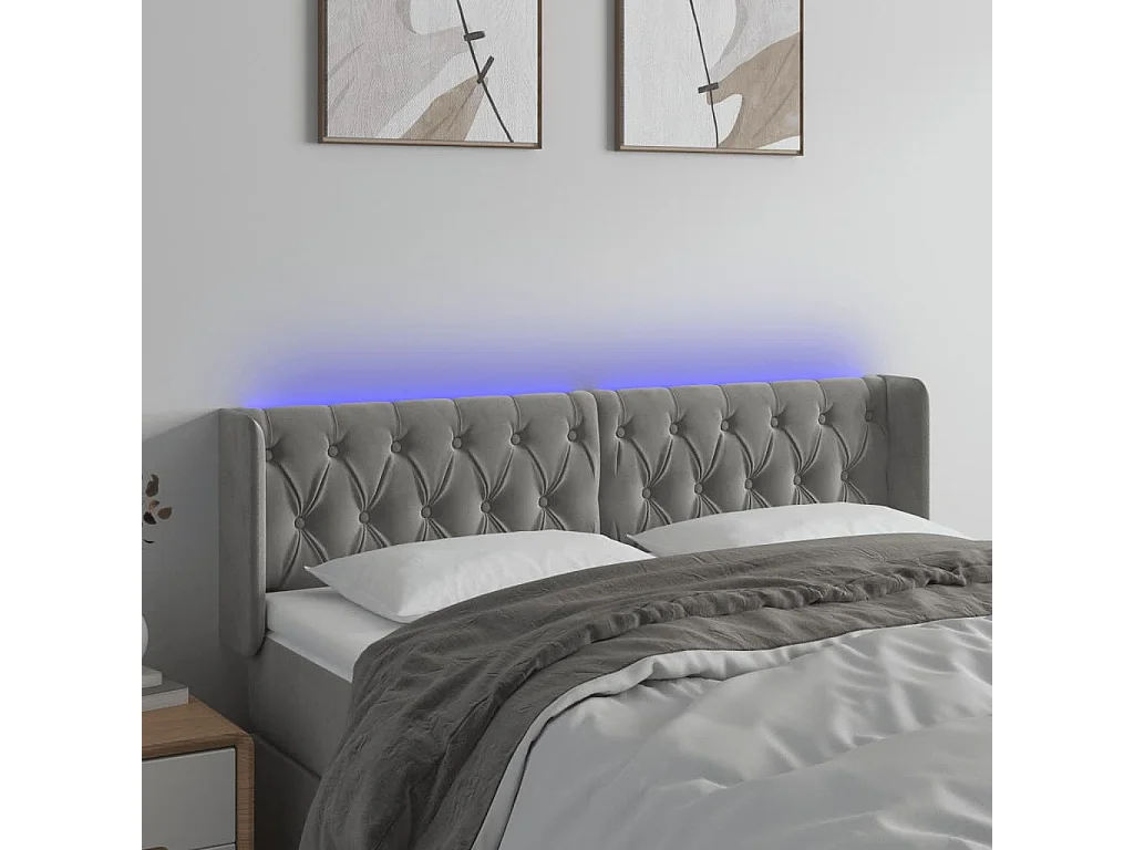 Tête de Lit | Panneau de tête pour lit Moderne à LED Gris clair 147x16x78/88 cm Velours