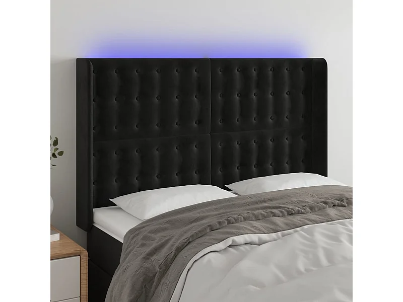 Cabecero | Cabezal de Cama | Mueble cabecero con LED de terciopelo negro 147x16x118/128 cm