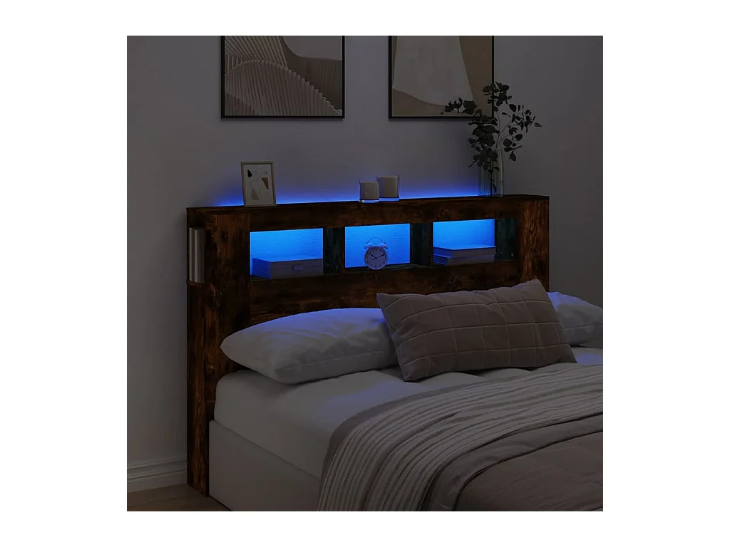 Mueble cabecero | Cabecero | Cabezal de cama LED madera ingeniería roble ahumado 160x18,5x103,5 cm
