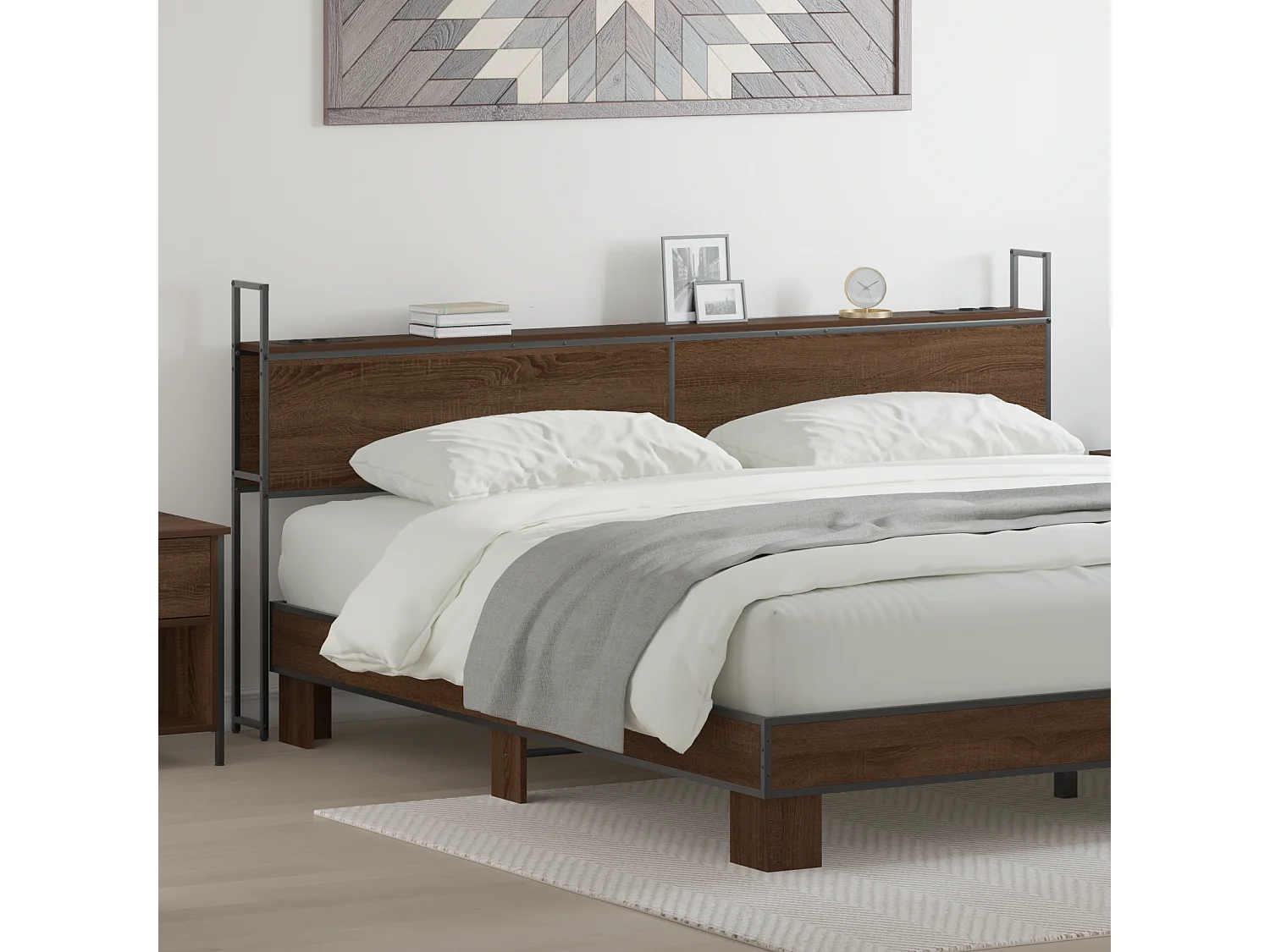 Mueble cabecero | Cabezal de cama | Cabecero de Almacenamiento con Estación de Carga Marrón roble