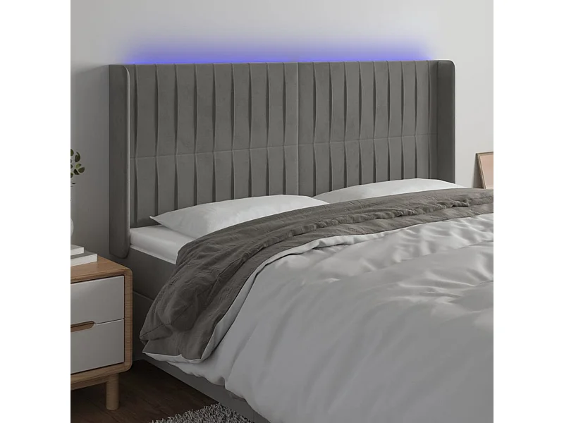 Tête de Lit | Panneau de tête pour lit Moderne à LED Gris clair 203x16x118/128 cm Velours