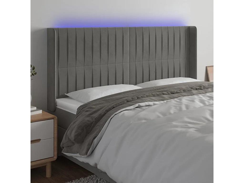 Tête de Lit | Panneau de tête pour lit Moderne à LED Gris clair 203x16x118/128 cm Velours