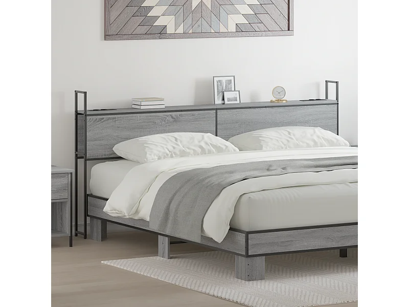 Mueble cabecero | Cabezal de cama | Cabecero de Almacenamiento con Estación de Carga Gris sonoma