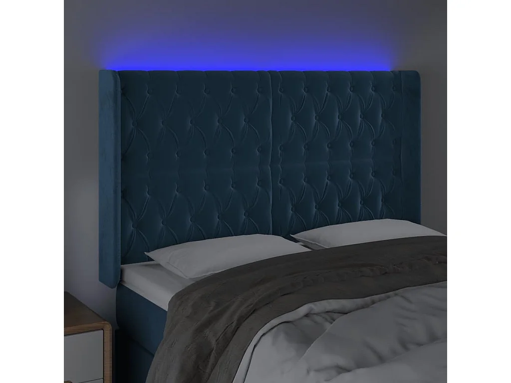 Tête de Lit | Panneau de tête pour lit Moderne à LED Bleu foncé 147x16x118/128 cm Velours
