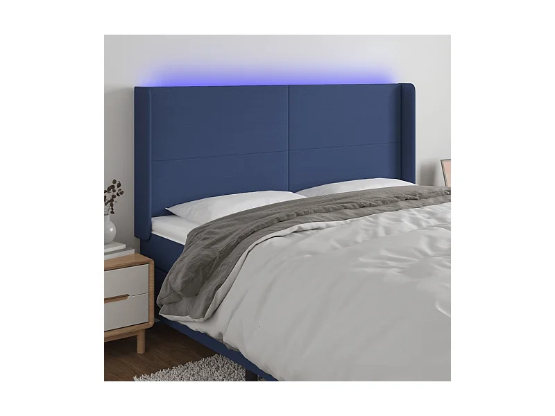 Mueble cabecero | Cabezal de cama | Cabecero con LED de tela azul 163x16x118/128 cm