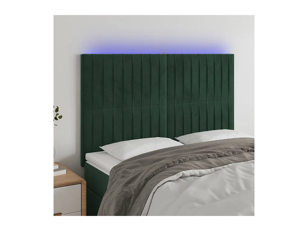 Cabecero | Cabezal de Cama | Mueble cabecero con luces LED terciopelo verde oscuro 144x5x118/128 cm