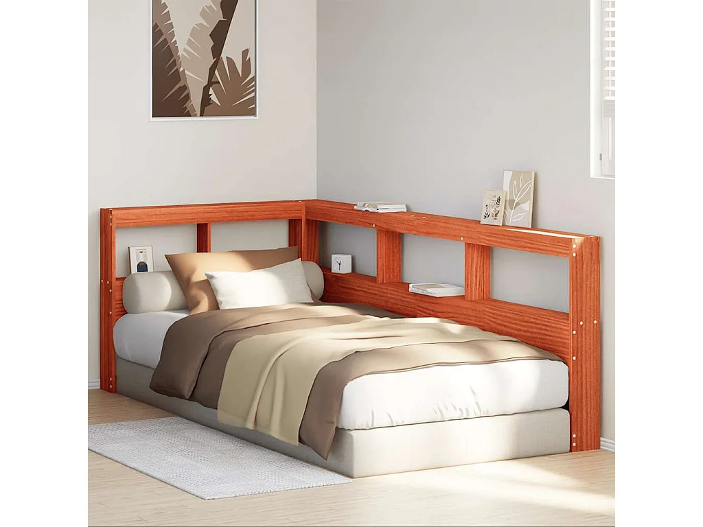 Cabecero cama | Cabezal de cama | Mueble de cabecero estantería forma L marrón encerado 80 cm