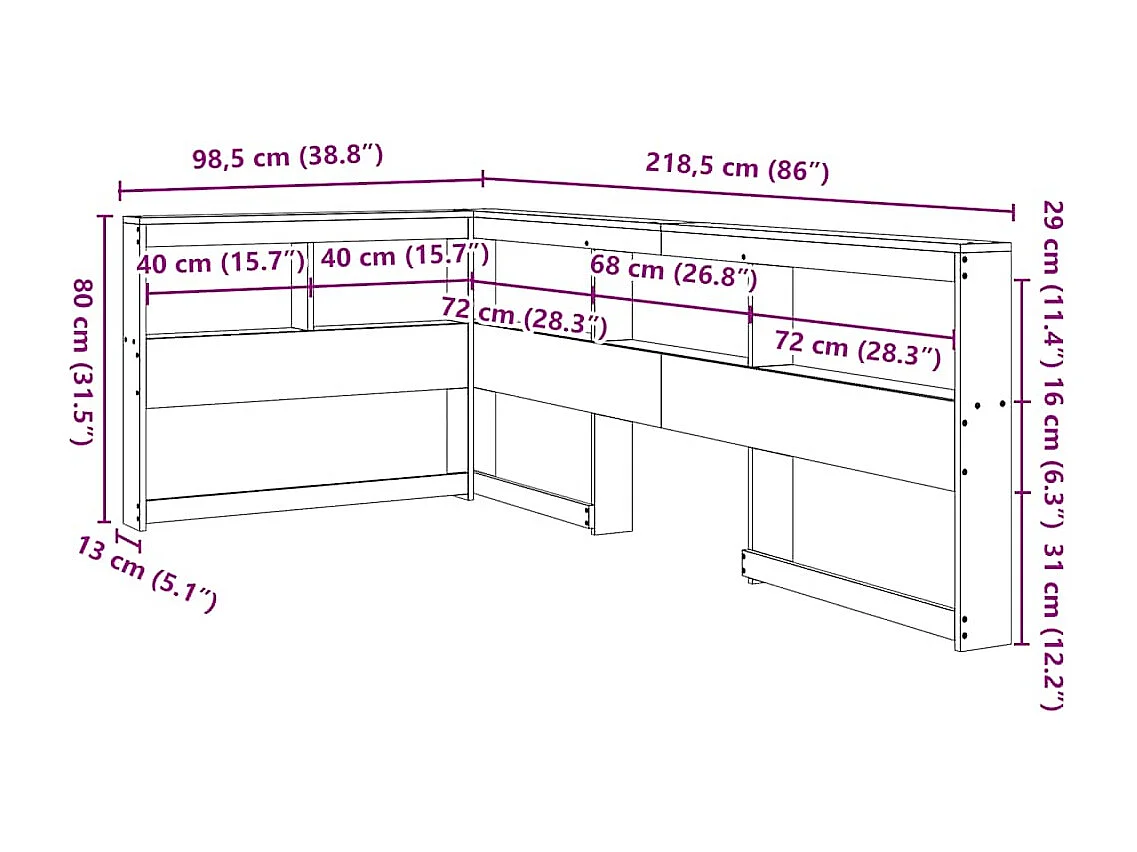 Cabecero cama | Cabezal de cama | Mueble de cabecero estantería forma L marrón encerado 80 cm