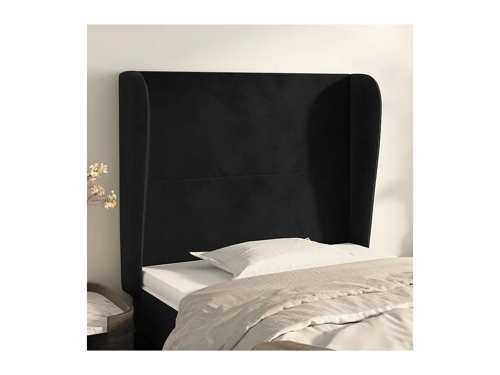 Cabecero | Cabezal de Cama | Mueble cabecero con orejas de terciopelo negro 93x23x118/128 cm