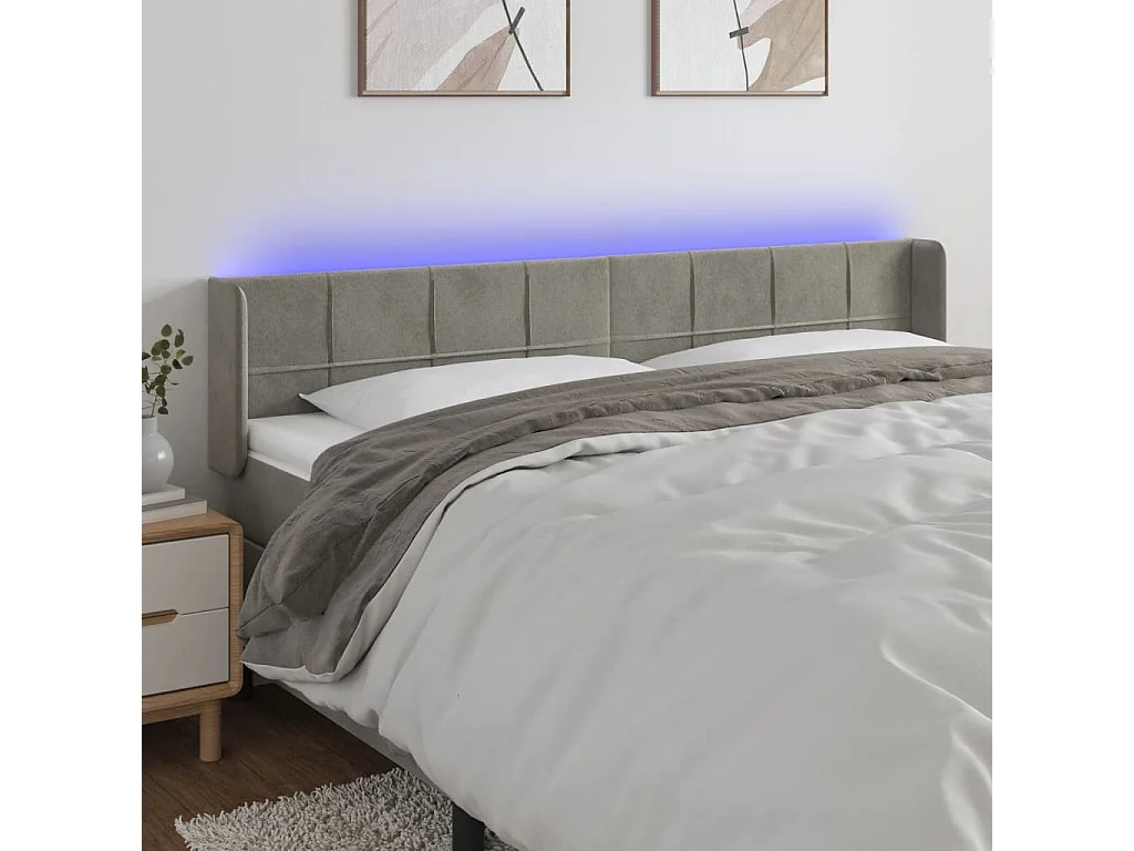 Tête de Lit | Panneau de tête pour lit Moderne à LED Gris clair 203x16x78/88 cm Velours