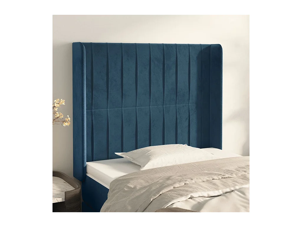 Cabecero | Cabezal de Cama | Mueble cabecero con orejas de terciopelo azul oscuro 103x16x118/128 cm