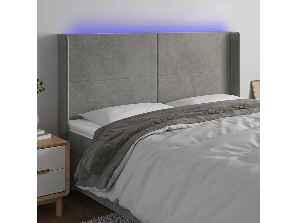 Tête de Lit | Panneau de tête pour lit Moderne à LED Gris clair 203x16x118/128 cm Velours