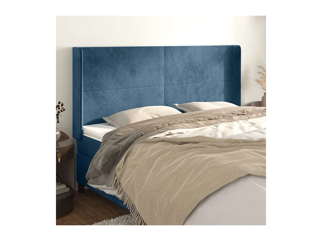Tête de Lit | Panneau de tête pour lit Moderne avec oreilles Bleu foncé 203x16x118/128 cm Velours