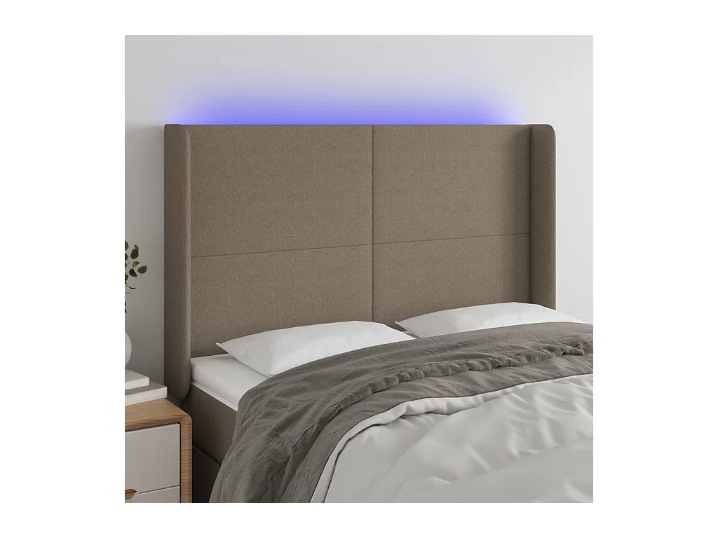 Mueble cabecero | Cabezal de cama | Cabecero con LED de tela gris taupe 147x16x118/128 cm