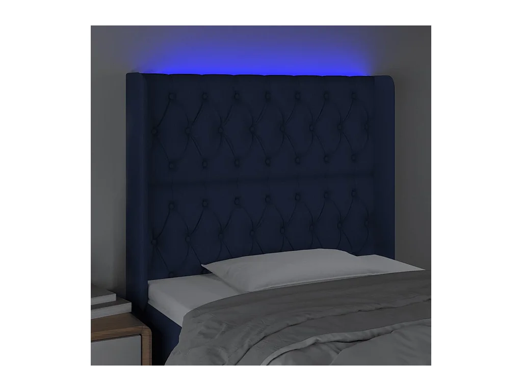 Mueble cabecero | Cabezal de cama | Cabecero con LED de tela azul 93x16x118/128 cm